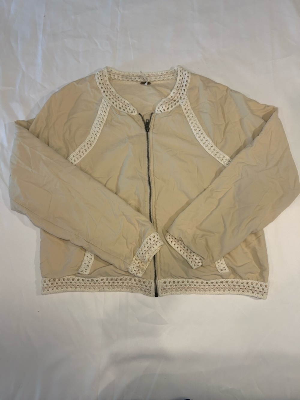 Free People Beige Bomber Jacket with Crochet Trim